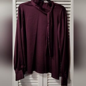 Worthington satin bow tie blouse, classic burgundy, new with tags